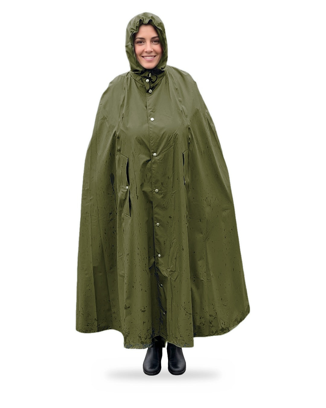 Regencape Boerdal Fjell olive aus weichem PU – Vorderansicht mit Kapuze und Druckknopfleiste