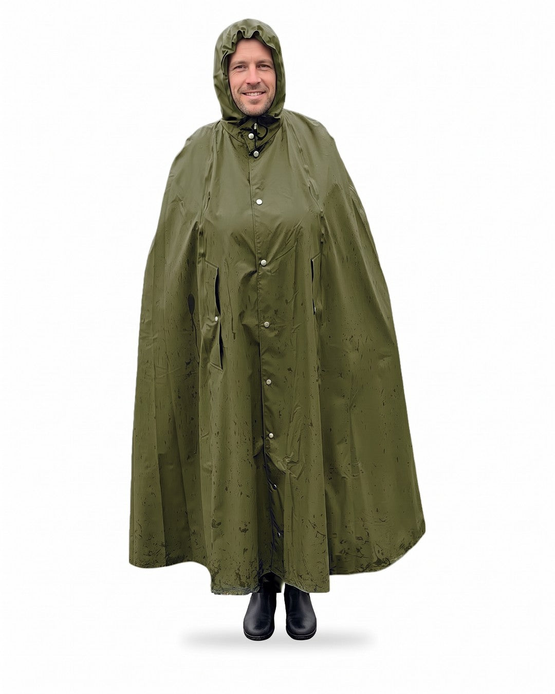 Regencape Boerdal Fjell olive an einem Mann – Vorderansicht mit Kapuze, auch für Herren