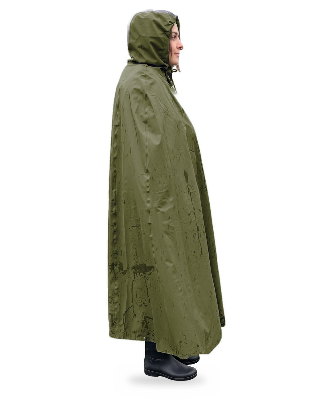Regencape Boerdal Fjell olive – Seitenansicht, lang geschnitten mit Kapuze